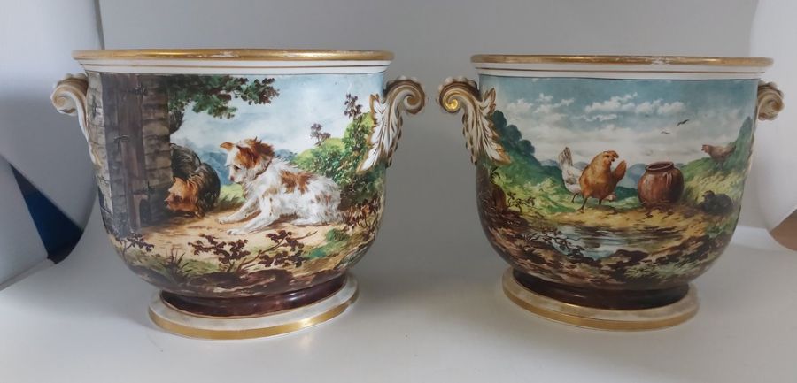 A pair of Mid Victorian hand painted Continental Cache pots, C1870. Signed by the artist as shown,