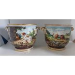 A pair of Mid Victorian hand painted Continental Cache pots, C1870. Signed by the artist as shown,