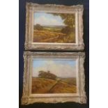 A pair of mid century oil on board landscape shooting scenes, set on a countryside hill