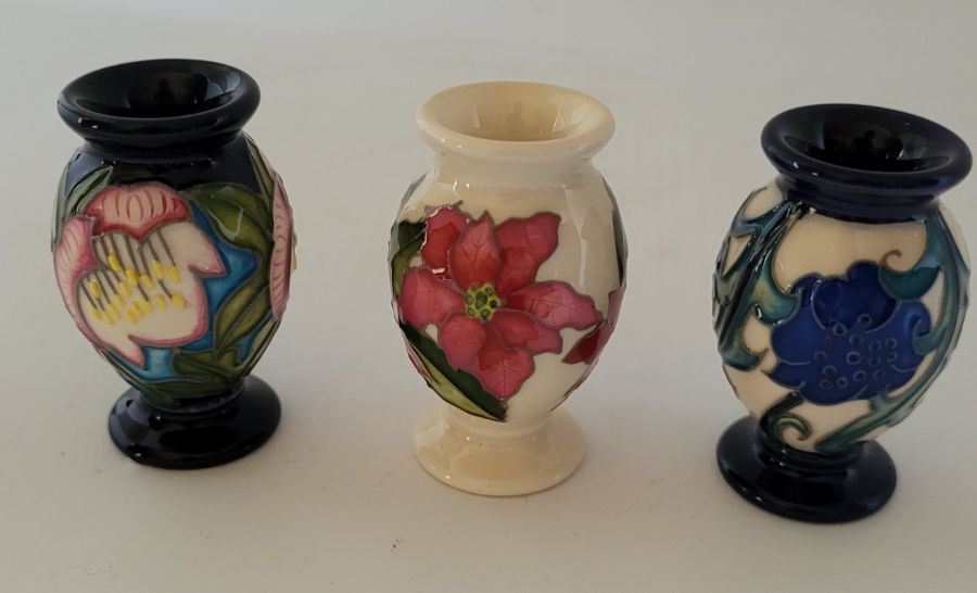 3 boxed miniature Moorcroft vases , to include a "Month December 2020 Pointsettier , forgetme not - Image 2 of 4