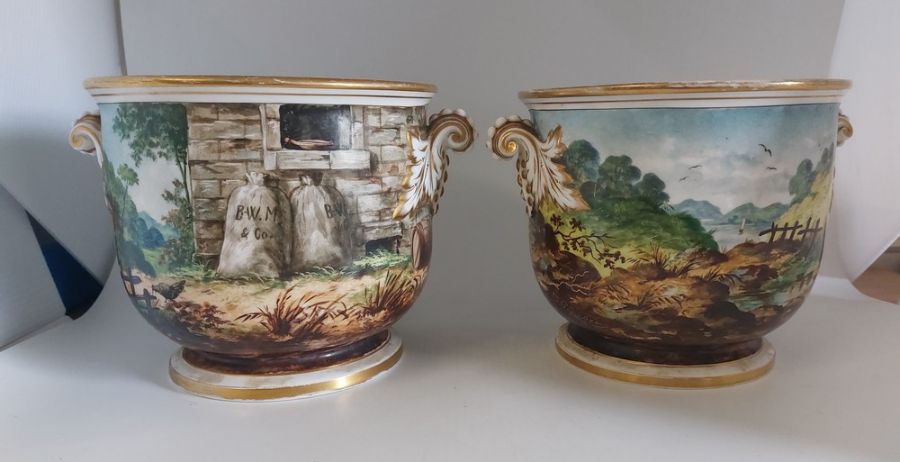 A pair of Mid Victorian hand painted Continental Cache pots, C1870. Signed by the artist as shown, - Image 3 of 11