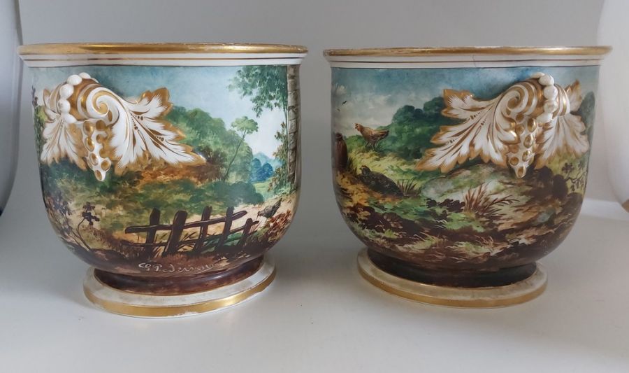 A pair of Mid Victorian hand painted Continental Cache pots, C1870. Signed by the artist as shown, - Image 4 of 11