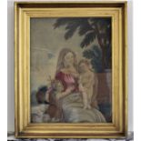 A Victorian painted and silk needlework picture of the virgin and child in a landscape, 53.5cm x