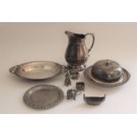 A silver mustard pot with hinged cover, a plated jug, a Danish pewter longboat model, a small pewter