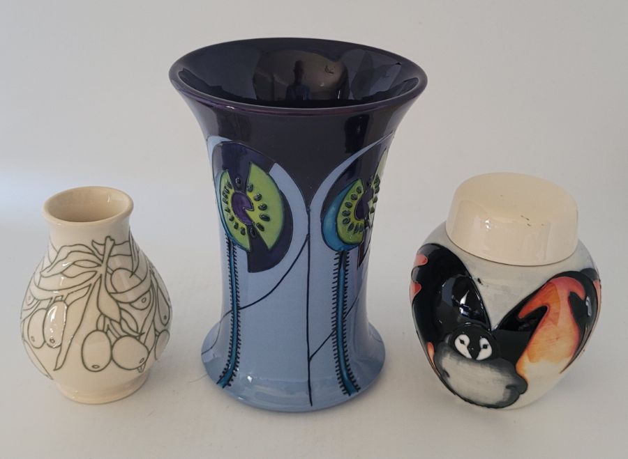 2 vases and a ginger jar boxed Moorcroft , including a second Chinco blue vase 16cm high , an