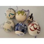 6 Moorcroft Christmas tree decorations , to include 3 2019 trial piece baubles , mistletoe and