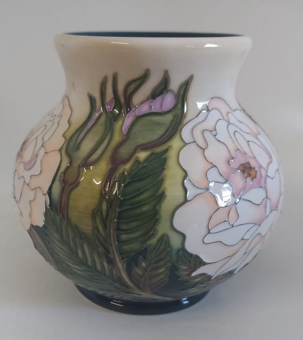 A Boxed Moorcroft Trial vase, titled  " Madam Rose "  it is decorated with colourful bands of a - Image 3 of 5