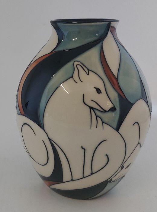 A Boxed Moorcroft vase titled  " Artic Fox"  it is decorated with a banded group of white artic - Image 3 of 5