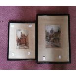 Pair of river scene watercolours signed R Wilding ERA 03 Pair of street scene prints Early 20thC oil