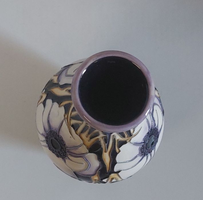 A Boxed Moorcroft vase titled  " Peace Anemone " it is decorated in shades of lilacs with large - Image 4 of 5