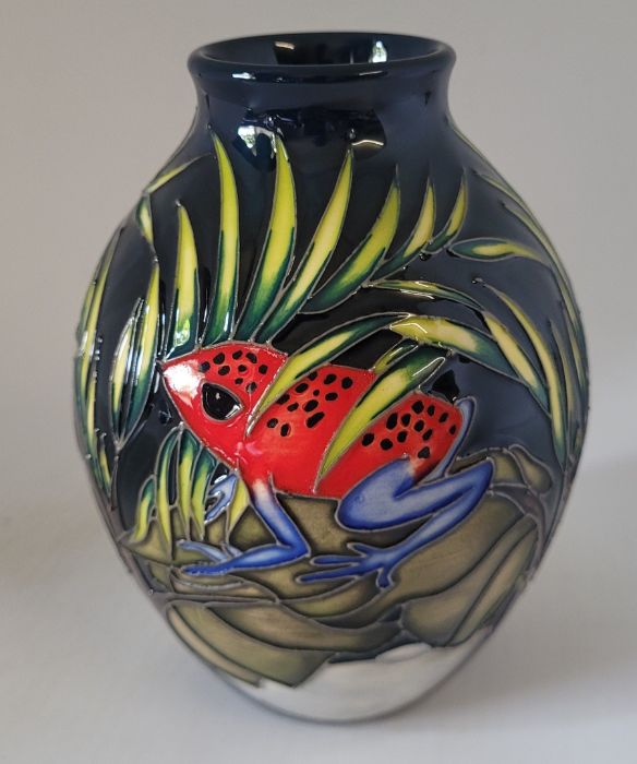 A boxed trial piece Moorcroft vase, decorated in the Poison Dart Frogs pattern , decorated with 3