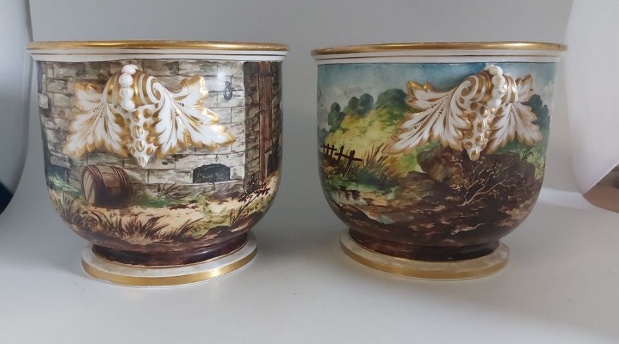 A pair of Mid Victorian hand painted Continental Cache pots, C1870. Signed by the artist as shown, - Image 2 of 11