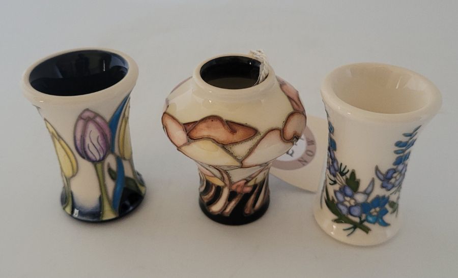 3 boxed miniature Moorcroft vases , to include Months September 2021 field fungi , July 2020