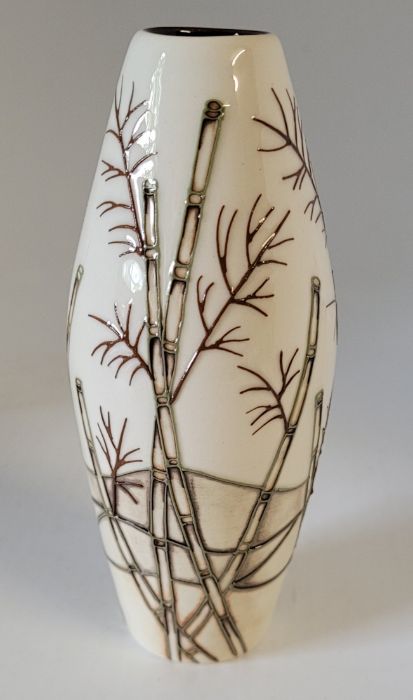 A boxed Moorcroft small vase, decorated in the Bamboo pattern , decorated with bamboo on a cream - Image 2 of 4