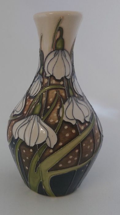 A Boxed design trial Moorcroft vase titled  " Diggory " it is decorated with white trailing flower - Image 3 of 5