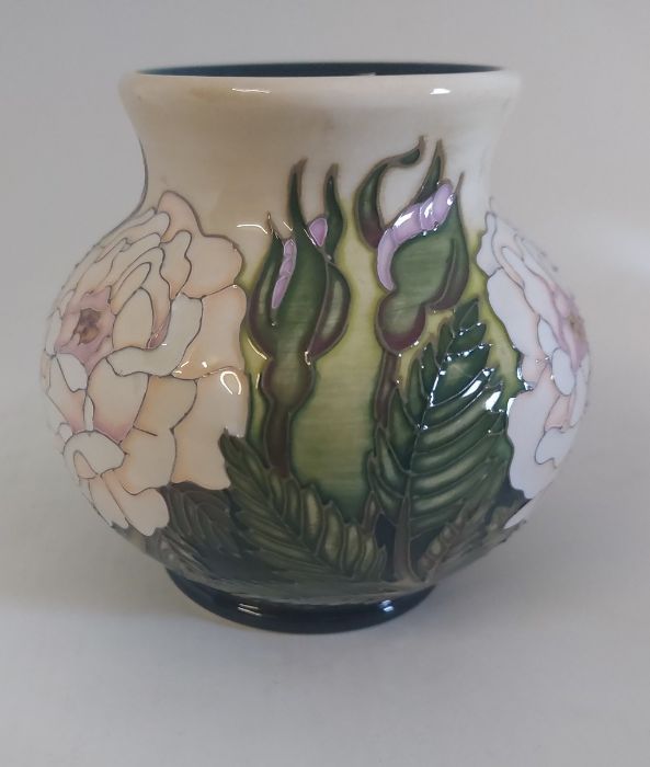 A Boxed Moorcroft Trial vase, titled  " Madam Rose "  it is decorated with colourful bands of a - Image 2 of 5