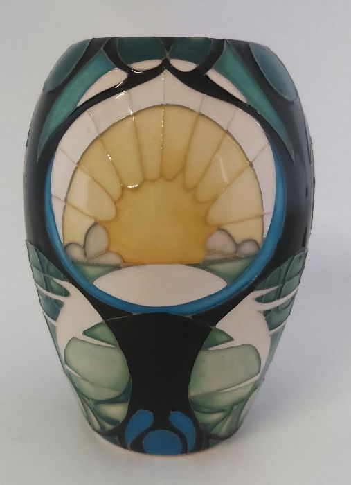 A Trial abstract piece, C2016, called " Rising Moon " vase, it is decorated in shades of blue and