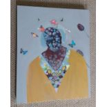 Sakura Mari  Impressionistic portrait with butterflies and flowers, possibly a self portrait, oil on