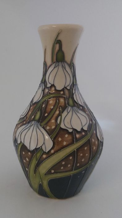 A Boxed design trial Moorcroft vase titled  " Diggory " it is decorated with white trailing flower - Image 2 of 5