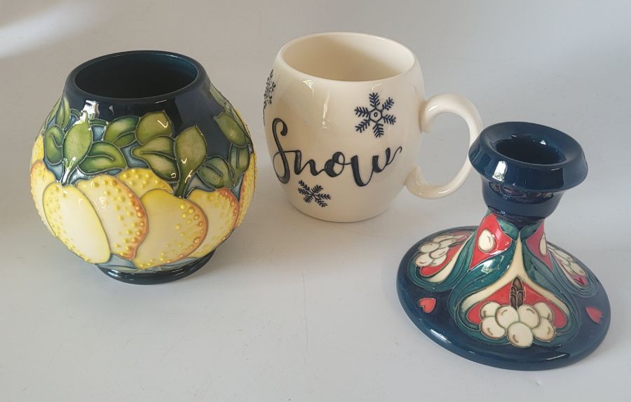 3 trial pieces Moorcroft to include a golden bough candlestick by Master , dated 1.10.12 from the