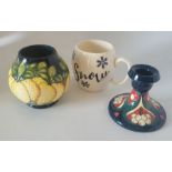 3 trial pieces Moorcroft to include a golden bough candlestick by Master , dated 1.10.12 from the