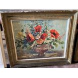 Oil painted study of Poppies in large rustic frame, 59 x 69 approximate over all measurements