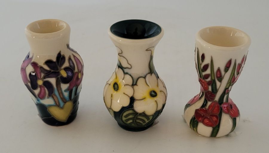 3 boxed miniature Moorcroft vases , to include a "Months August 2020 gladioli and February 2020