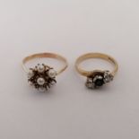 Two dress rings. Comprising a sapphire and diamond trilogy ring, in 9ct yellow gold, marked for