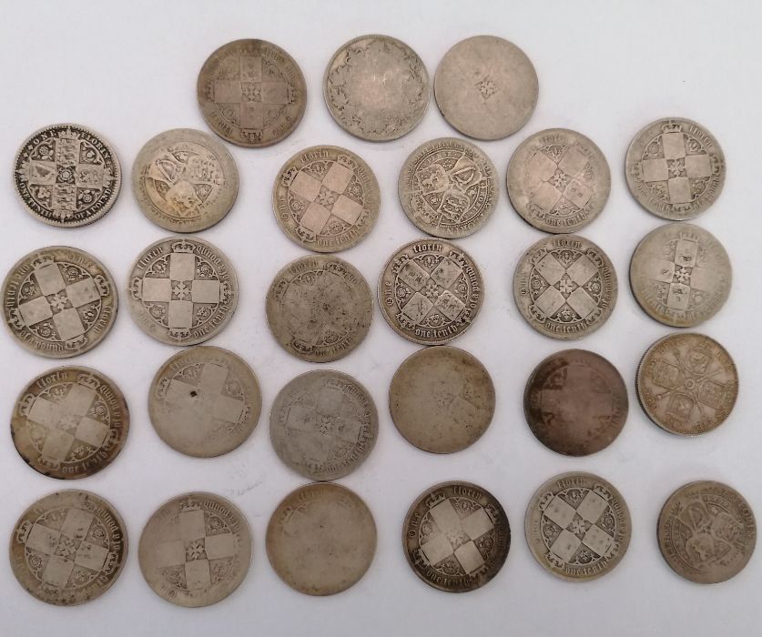 A collection of coins to include Victorian florins, George III crowns and a tin of French coins  and - Image 26 of 36