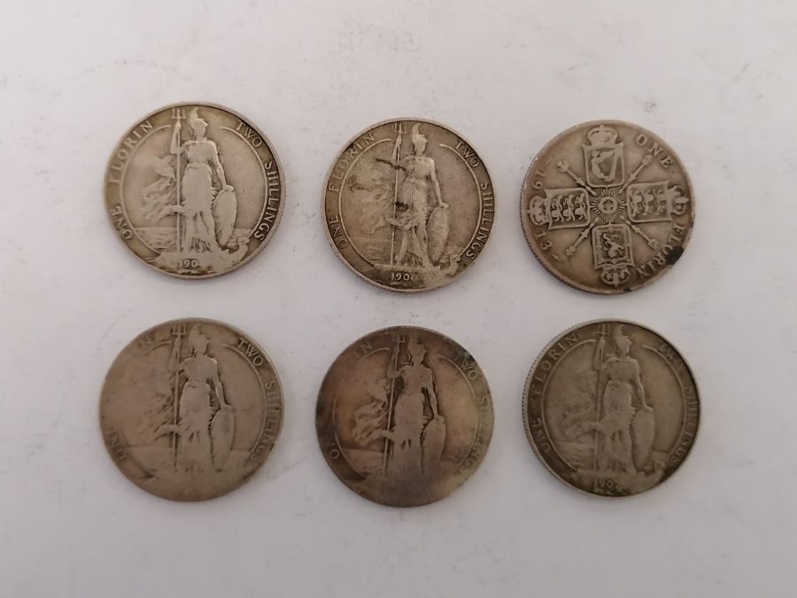 A collection of coins to include Victorian florins, George III crowns and a tin of French coins  and - Image 19 of 36