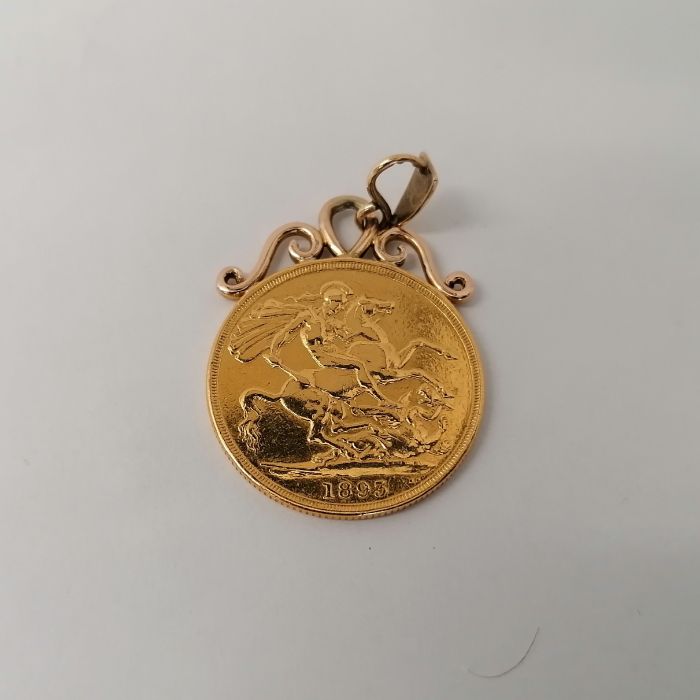 A Victoria 1893 double sovereign, with soldered yellow metal pendant mount. Veil head. Approximate - Image 2 of 2