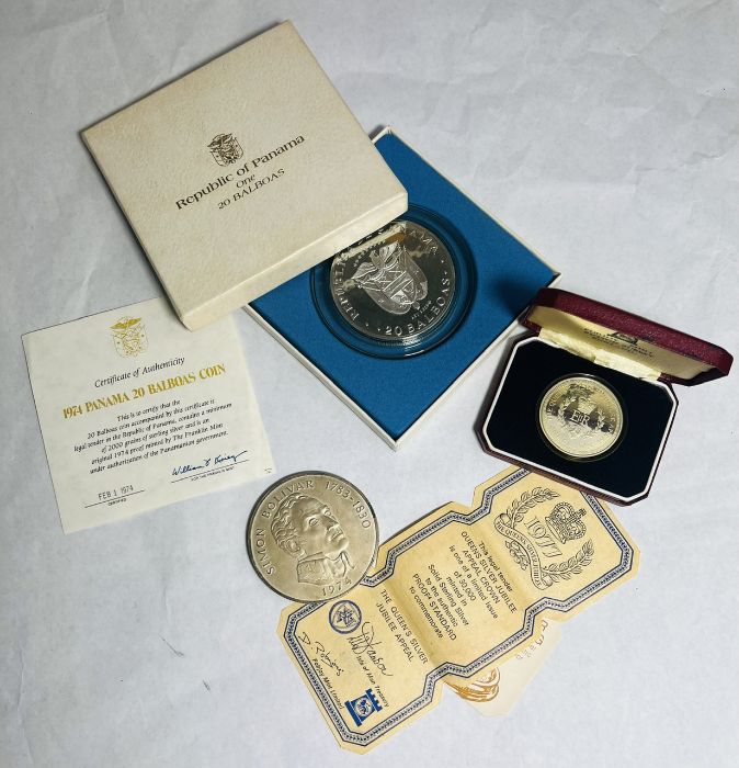 A sterling silver silver proof 1974 Panama 20 Balboas coin, with Franklin Mint certificate. Along