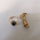 A 9ct gold sapphire & Cubic Zirconia cluster ring, size I, along with 9ct gold brooch of a lady