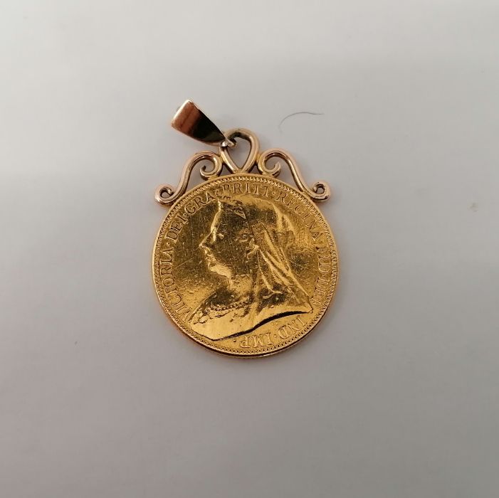 A Victoria 1893 double sovereign, with soldered yellow metal pendant mount. Veil head. Approximate