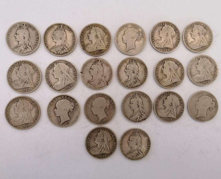 A collection of coins to include Victorian florins, George III crowns and a tin of French coins  and - Image 25 of 36