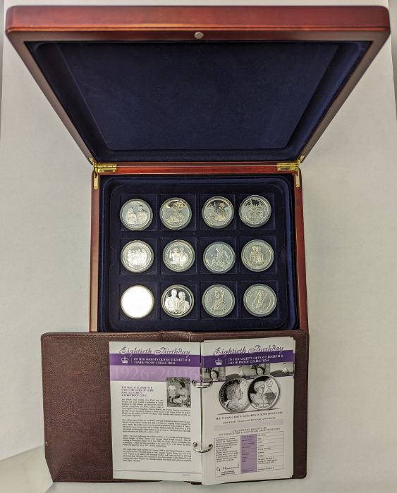 Sterling Silver proof coin collection inc 80th birthday crowns.