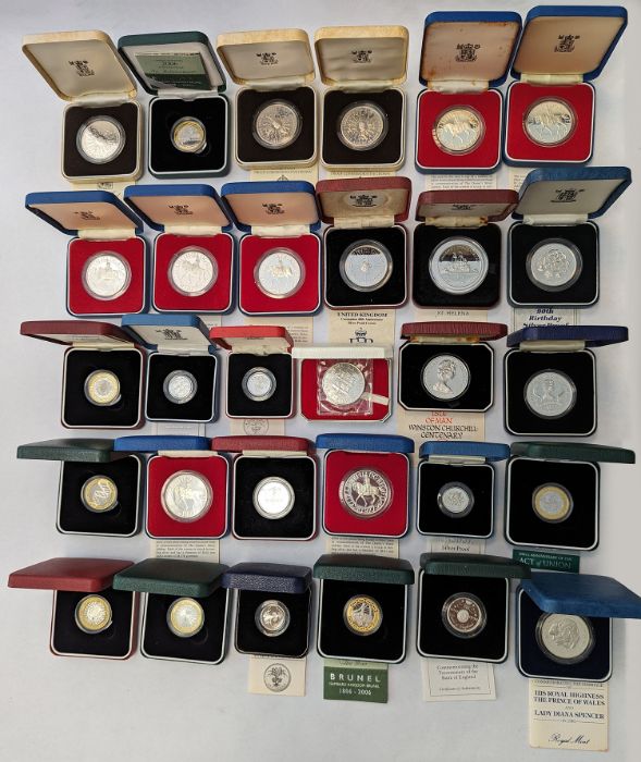 A collection of 30 sterling silver proof coins to include a 1996 Celebration of Football £2 coin,