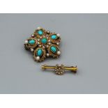 A 9ct gold reproduction Victorian Etruscan Revival style turquoise and cultured pearl set brooch.