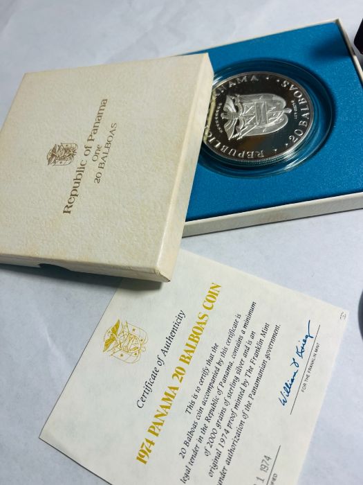 A sterling silver silver proof 1974 Panama 20 Balboas coin, with Franklin Mint certificate. Along - Image 3 of 3