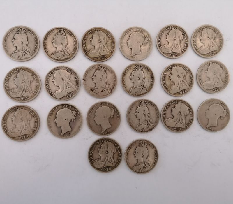 A collection of coins to include Victorian florins, George III crowns and a tin of French coins  and - Image 24 of 36