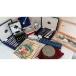 A selection of silver plated cutlery in cases & loose plus a compass