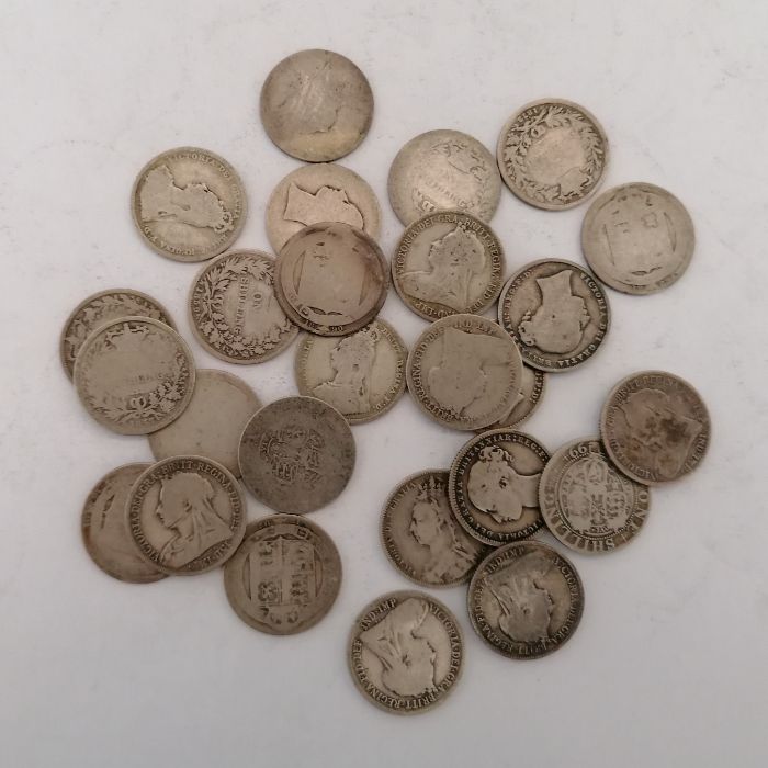 A collection of coins to include Victorian florins, George III crowns and a tin of French coins  and - Image 18 of 36