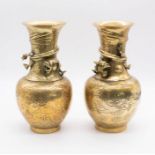 A pair of Chinese polished bronze vases with the Chilong dragons to neck, character marks to base.