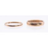 Two 9ct gold wedding bands, comprising a wide band D section band, approx 4mm, size M1/2, along with