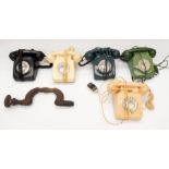 A collection of five 1960s GPO 700 series telephones in assorted colours plus a wooden carpenters