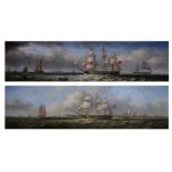 A pair of oil on board paintings of sailing ships by W. Candy, both signed lower right, in gilt