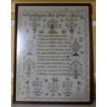 A Victorian sampler on linen embroidered with verse, house, animals, birds etc by Cristiana Barlow