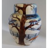 A boxed, " Woodside Farm " lidded Ginger Jar  made by Moorcroft. Decorated in a snowy winter scene