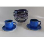 an etched frosted  glass sundae set of bowl and 6 dishes, fruit bowl stands 10cm high. 2 powder blue