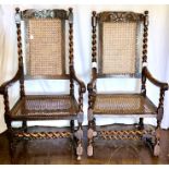 Two similar Carolean oak and cane work armchairs, foliage carved rail flanked by globe finials on